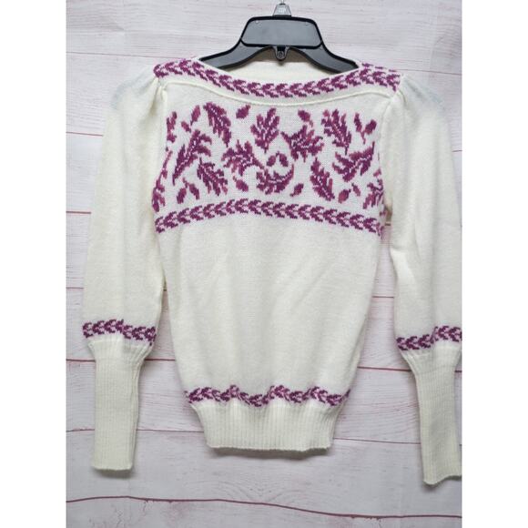 Vintage Mademoiselle Size Small (?) Cream Sweater w/ Purple Leaf Pattern - Picture 1 of 8